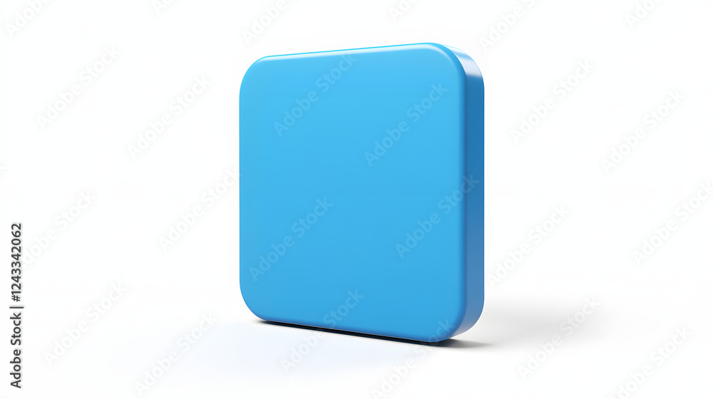 Poster blank mobile application icon, button - blue square with round corners. 3d rendering, white backgrou