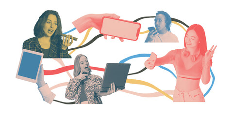 Group of different people use smartphones and laptops, exchanging messages and reactions, symbolizing social media interaction. Concept of online communication, networking