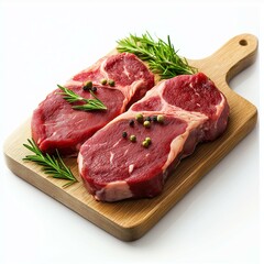 Fototapeta premium Fresh raw steaks on a wooden cutting board with herbs ready for cooking. Perfect for any culinary creation.