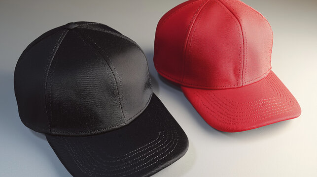 A premium mockup of black and red caps positioned together, showcasing vibrant contrast for fashion, merchandising, or logo placement.