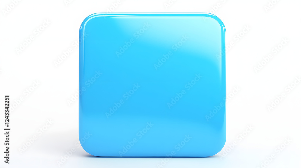 Poster blank mobile application icon, button - blue square with round corners. 3d rendering, white backgrou