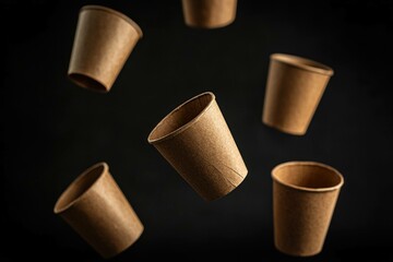 Floating eco friendly paper cups on a dark background, showcasing sustainable materials and minimalist design, ideal for green initiatives or coffee branding