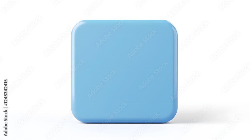 Poster blank mobile application icon, button - blue square with round corners. 3d rendering, white backgrou