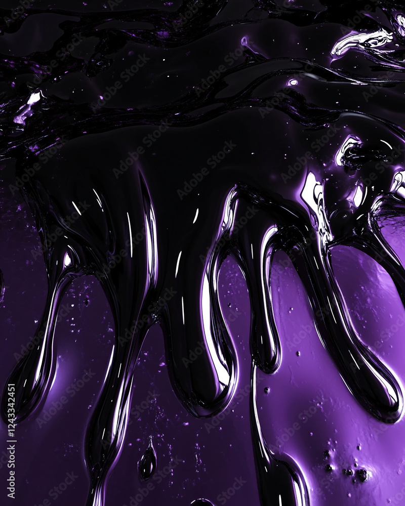 Poster Close-up of glossy purple liquid with black reflections and dripping effects, symbolizing fluid motion and artistic texture, with a high-gloss and abstract composition.