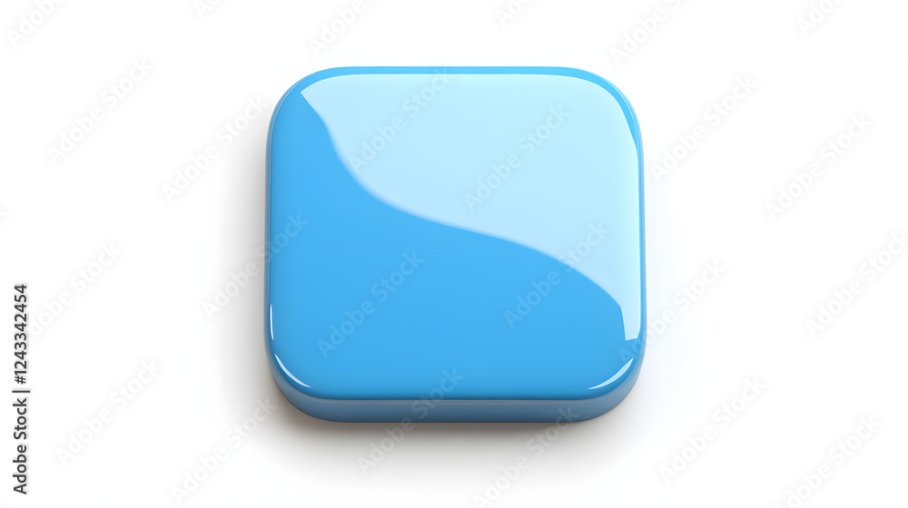 Poster blank mobile application icon, button - blue square with round corners. 3d rendering, white backgrou
