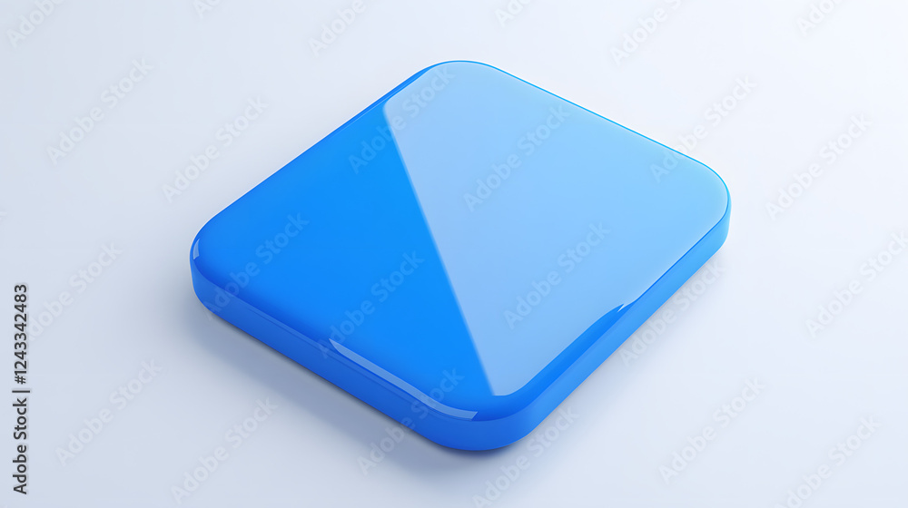 Poster blank mobile application icon, button - blue square with round corners. 3d rendering, white backgrou