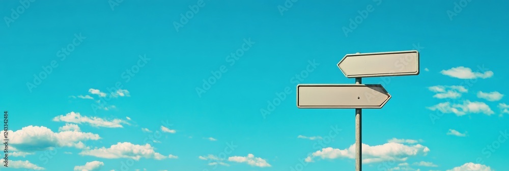 Poster two blank road signs are pointing in different directions under a bright blue sky with some clouds, 