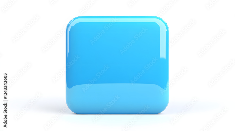 Poster blank mobile application icon, button - blue square with round corners. 3d rendering, white backgrou