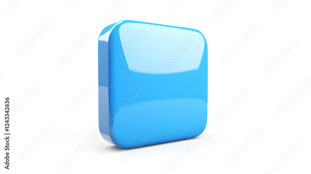 Poster blank mobile application icon, button - blue square with round corners. 3d rendering, white backgrou