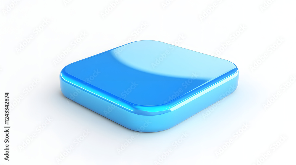 Poster blank mobile application icon, button - blue square with round corners. 3d rendering, white backgrou