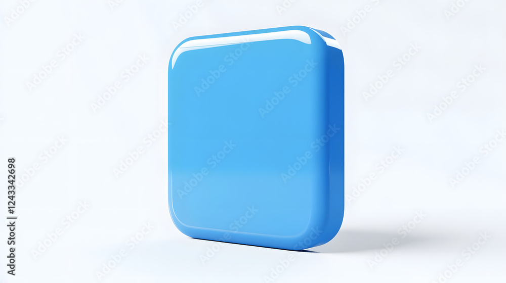 Poster blank mobile application icon, button - blue square with round corners. 3d rendering, white backgrou