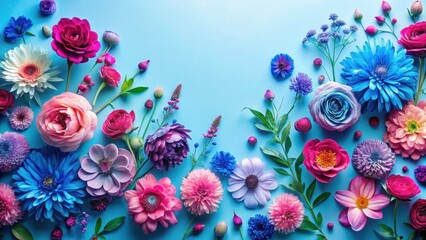 Fototapeta premium Vibrant Floral Arrangement Featuring a Diverse Collection of Blossoms in a Spectrum of Hues, Showcasing Delicate Petals and Lush Greenery on a Light Blue Background