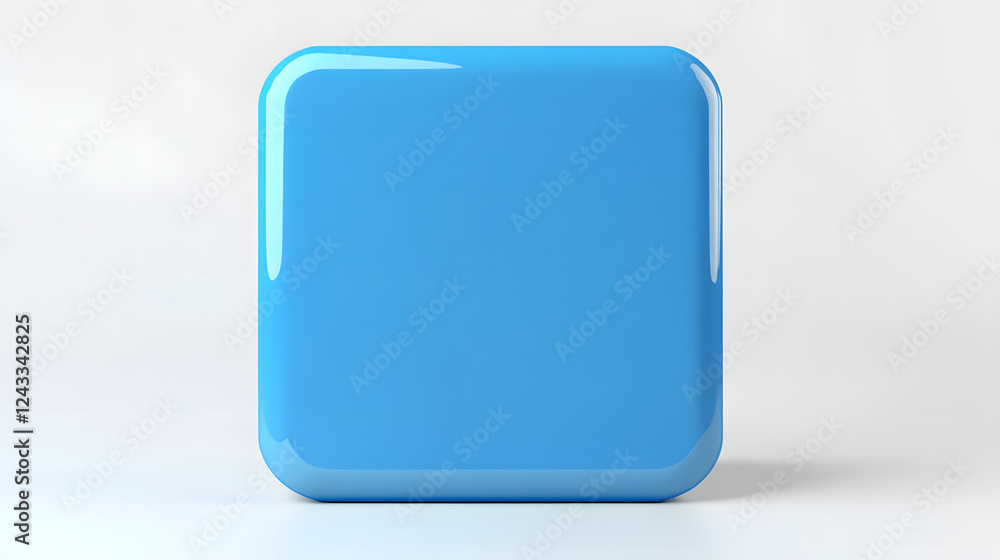 Poster blank mobile application icon, button - blue square with round corners. 3d rendering, white backgrou