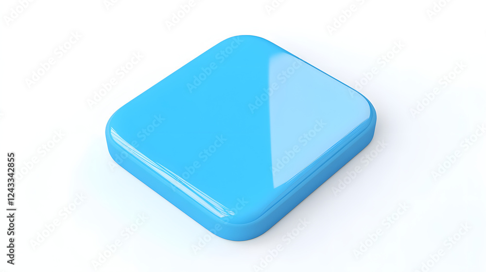 Poster blank mobile application icon, button - blue square with round corners. 3d rendering, white backgrou