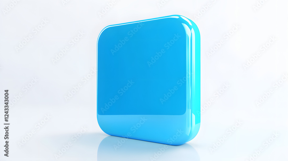 Poster blank mobile application icon, button - blue square with round corners. 3d rendering, white backgrou