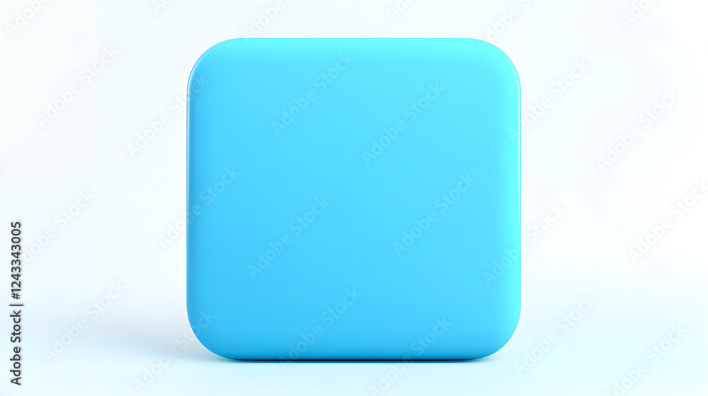 Poster blank mobile application icon, button - blue square with round corners. 3d rendering, white backgrou