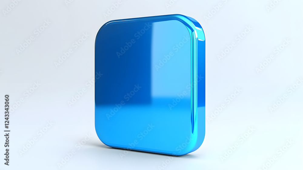 Poster blank mobile application icon, button - blue square with round corners. 3d rendering, white backgrou