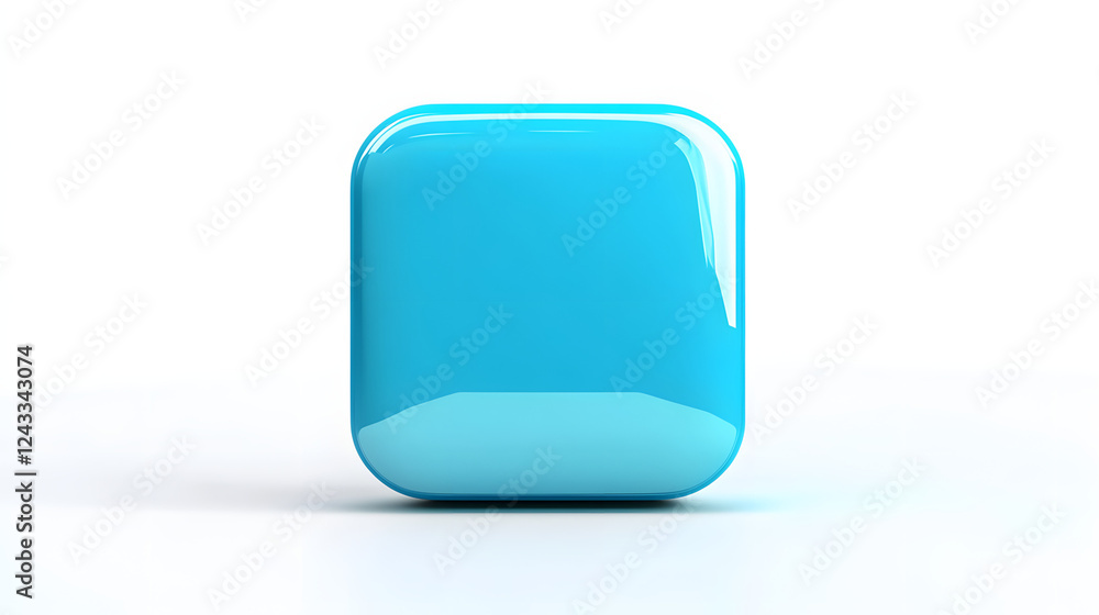 Poster blank mobile application icon, button - blue square with round corners. 3d rendering, white backgrou