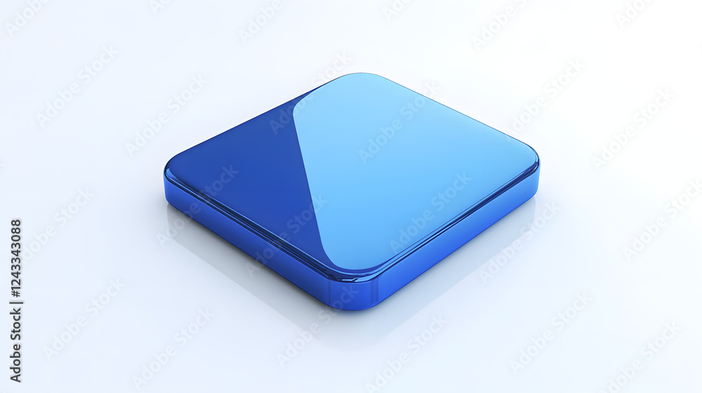 Poster blank mobile application icon, button - blue square with round corners. 3d rendering, white backgrou