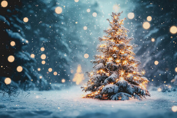 Christmas tree adorned with colorful lights surrounded by snow in a winter landscape during the holiday season