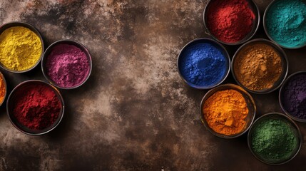 Bowls of colored powder for Holi Festival, copy space