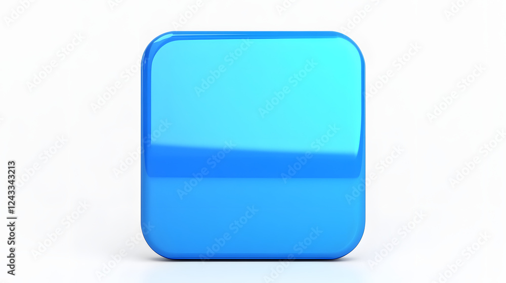 Poster blank mobile application icon, button - blue square with round corners. 3d rendering, white backgrou