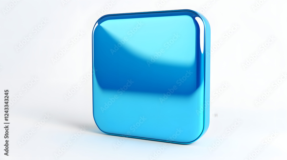 Poster blank mobile application icon, button - blue square with round corners. 3d rendering, white backgrou