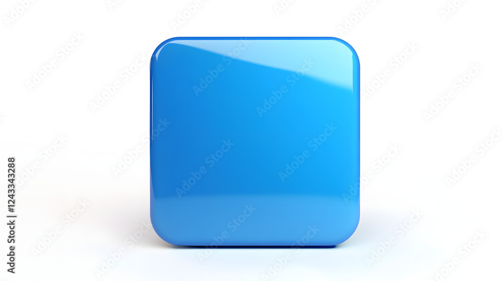 Poster blank mobile application icon, button - blue square with round corners. 3d rendering, white backgrou