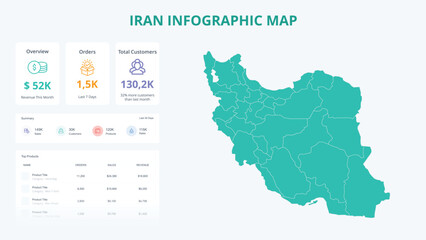 Business Growth Infographic Map of Iran. Orders, Customers, Sales Overview & product Infographic Map of Iran. Easy to edit