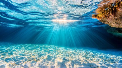 Algae on the ocean floor with natural sunlight, underwater seascape in the Atlantic ocean, Spain, Galicia