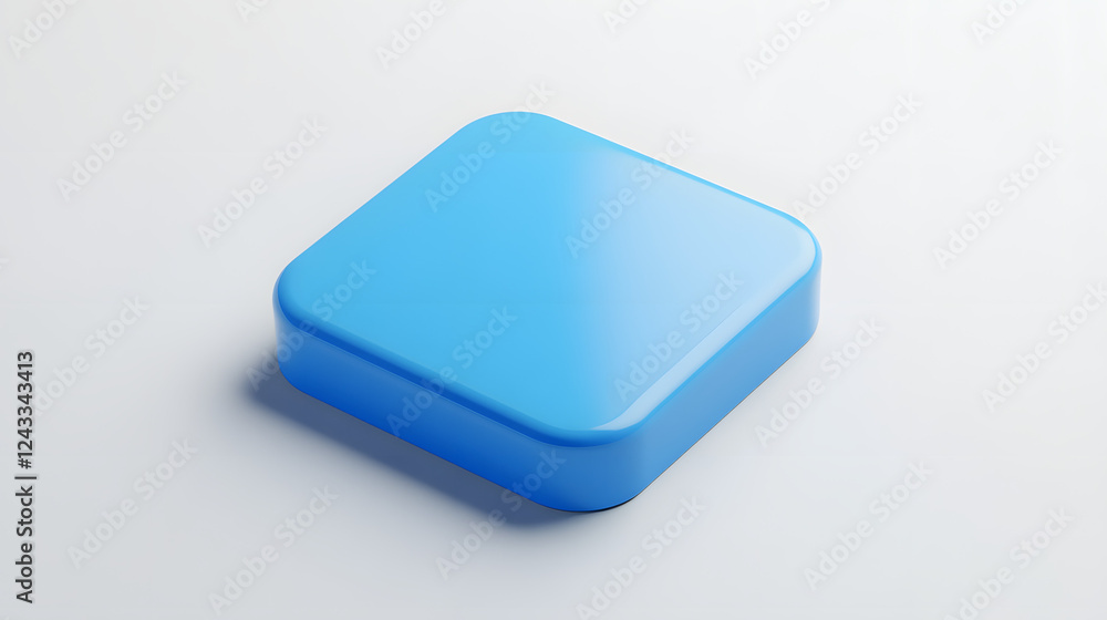 Poster blank mobile application icon, button - blue square with round corners. 3d rendering, white backgrou