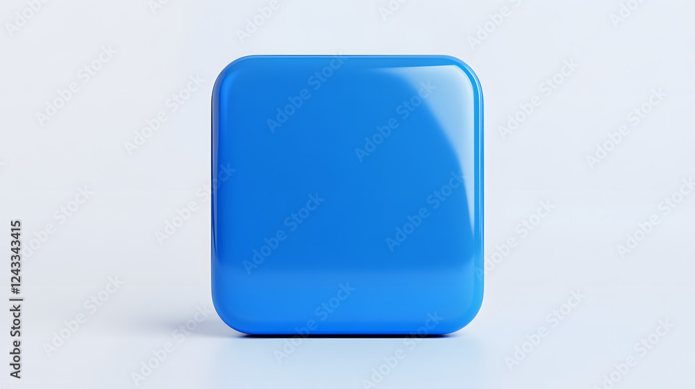 Poster blank mobile application icon, button - blue square with round corners. 3d rendering, white backgrou