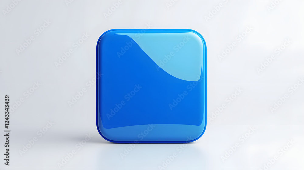 Poster blank mobile application icon, button - blue square with round corners. 3d rendering, white backgrou