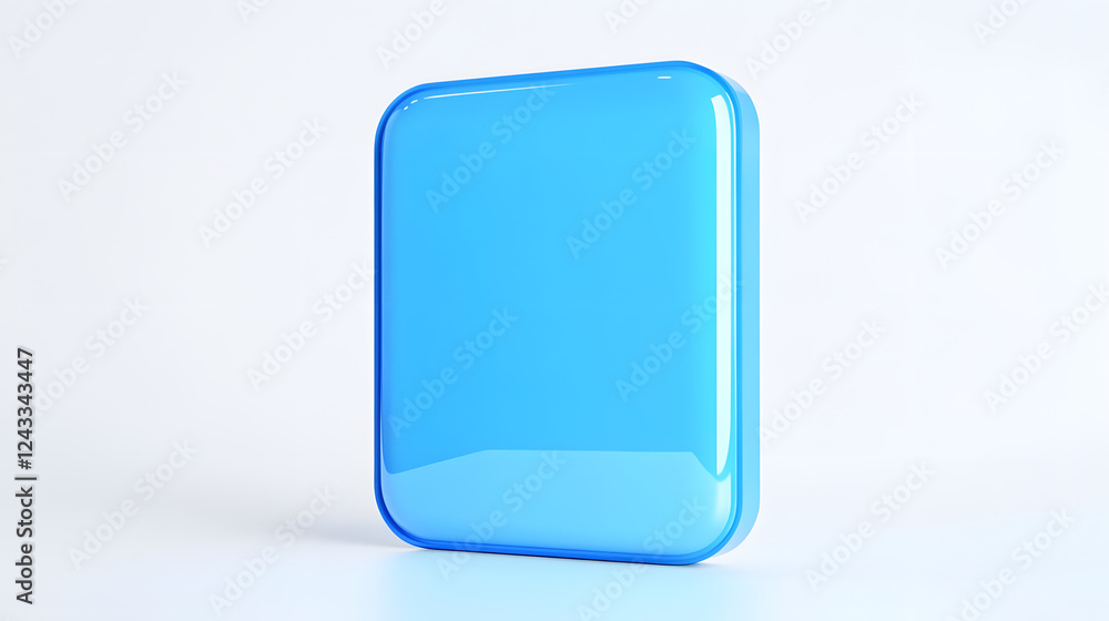 Poster blank mobile application icon, button - blue square with round corners. 3d rendering, white backgrou