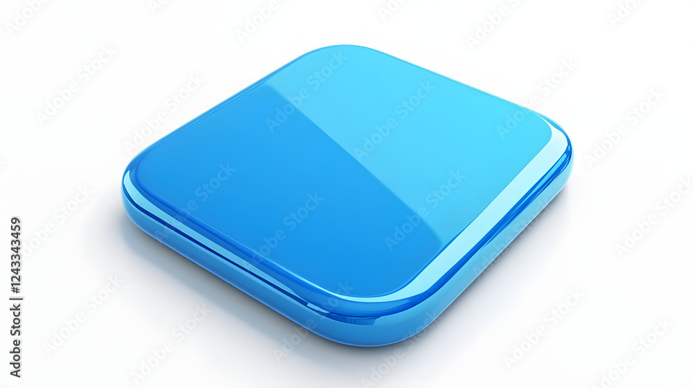 Poster blank mobile application icon, button - blue square with round corners. 3d rendering, white backgrou