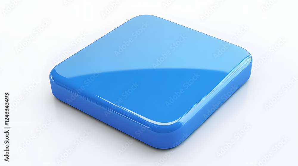 Poster blank mobile application icon, button - blue square with round corners. 3d rendering, white backgrou
