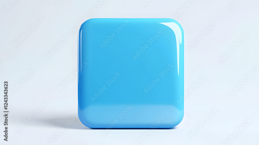 Poster blank mobile application icon, button - blue square with round corners. 3d rendering, white backgrou