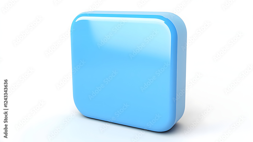 Poster blank mobile application icon, button - blue square with round corners. 3d rendering, white backgrou