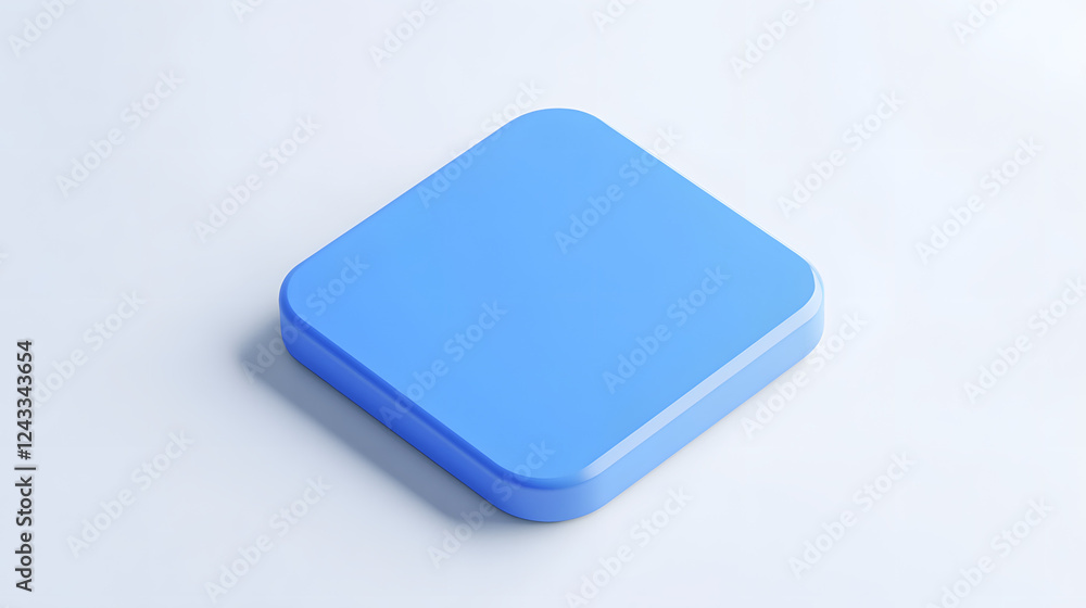 Poster blank mobile application icon, button - blue square with round corners. 3d rendering, white backgrou