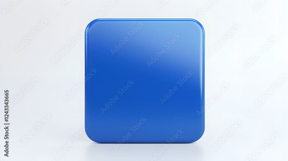 Poster blank mobile application icon, button - blue square with round corners. 3d rendering, white backgrou