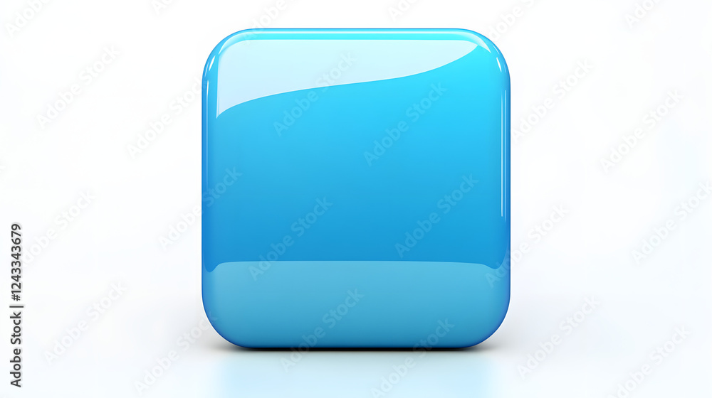 Poster blank mobile application icon, button - blue square with round corners. 3d rendering, white backgrou