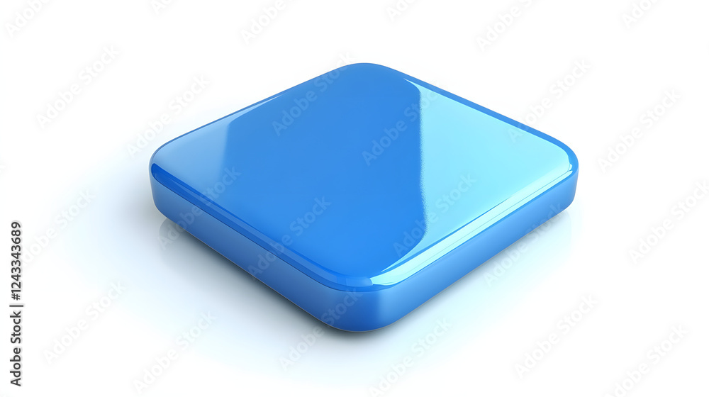 Poster blank mobile application icon, button - blue square with round corners. 3d rendering, white backgrou