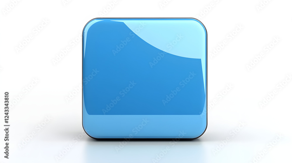 Poster blank mobile application icon, button - blue square with round corners. 3d rendering, white backgrou