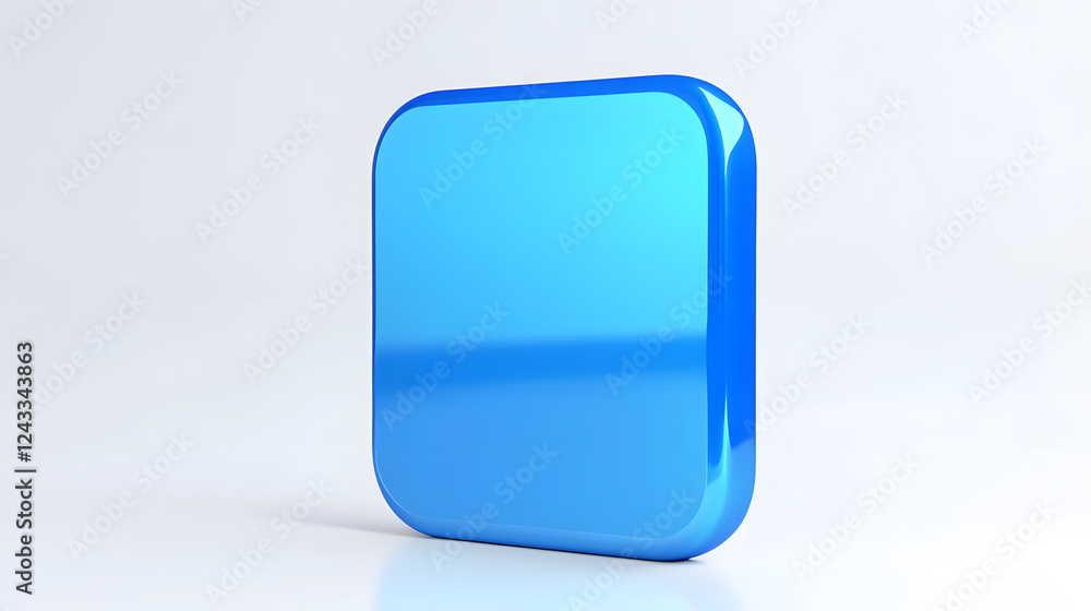 Poster blank mobile application icon, button - blue square with round corners. 3d rendering, white backgrou