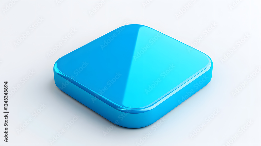Poster blank mobile application icon, button - blue square with round corners. 3d rendering, white backgrou