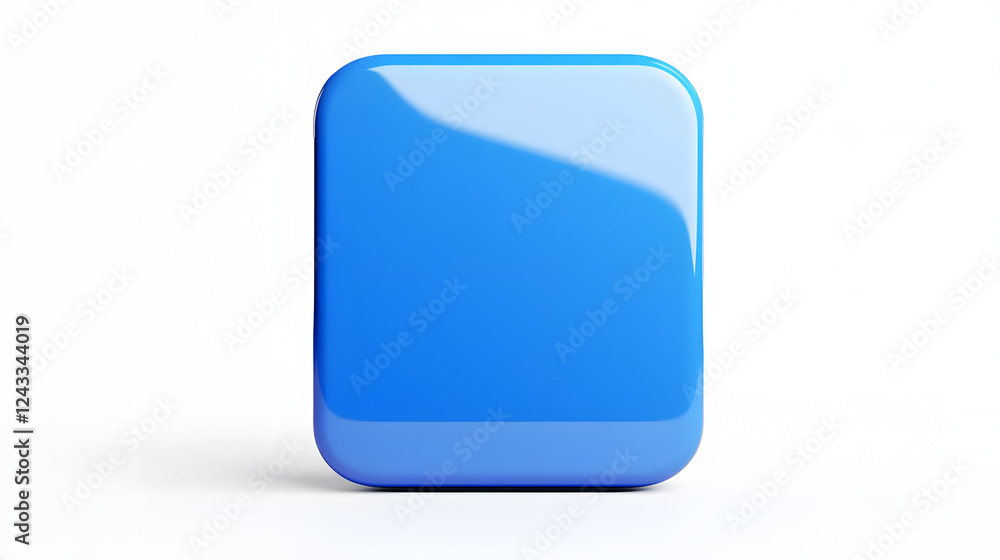Poster blank mobile application icon, button - blue square with round corners. 3d rendering, white backgrou