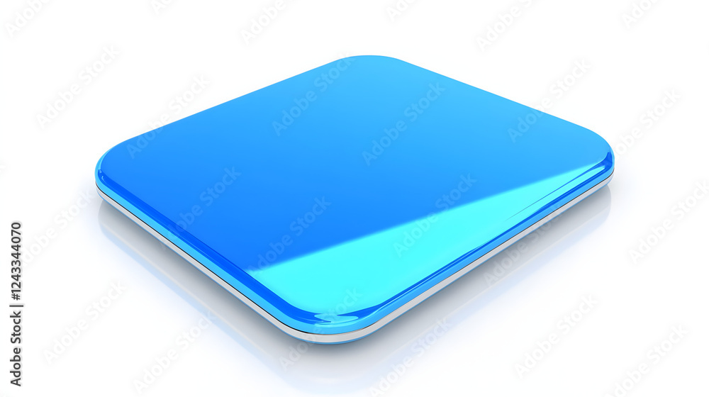 Poster blank mobile application icon, button - blue square with round corners. 3d rendering, white backgrou