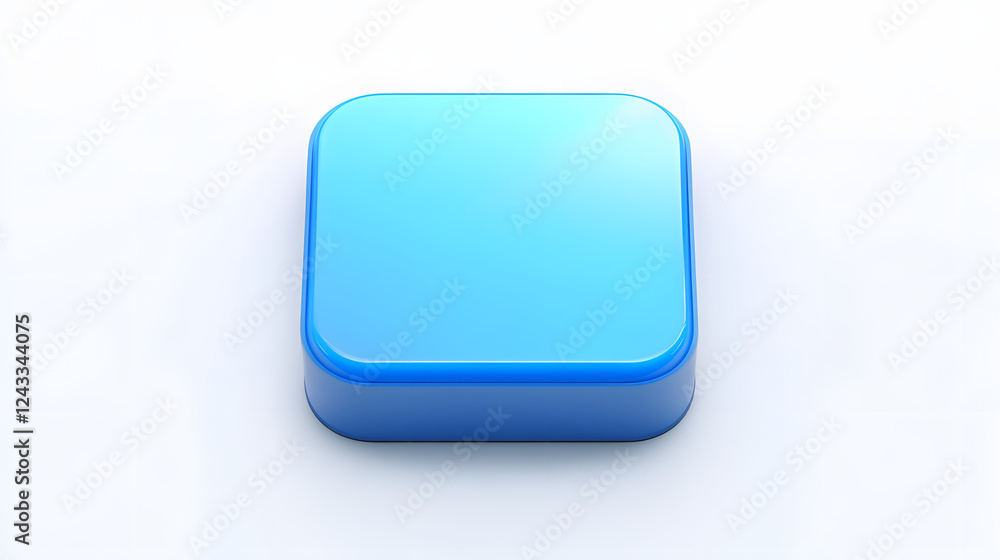 Poster blank mobile application icon, button - blue square with round corners. 3d rendering, white backgrou