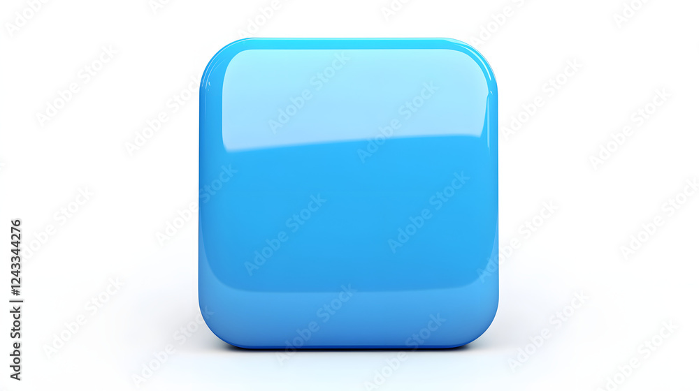 Poster blank mobile application icon, button - blue square with round corners. 3d rendering, white backgrou
