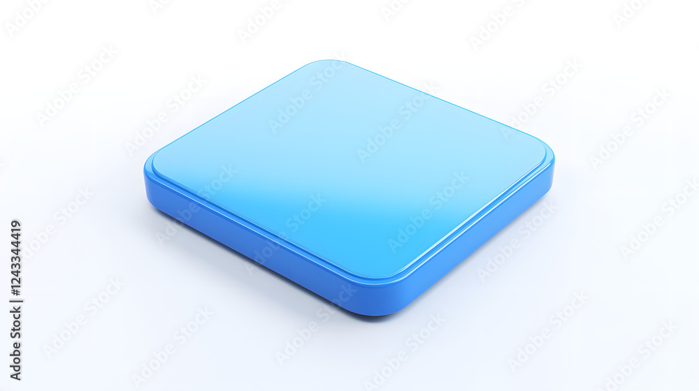 Poster blank mobile application icon, button - blue square with round corners. 3d rendering, white backgrou